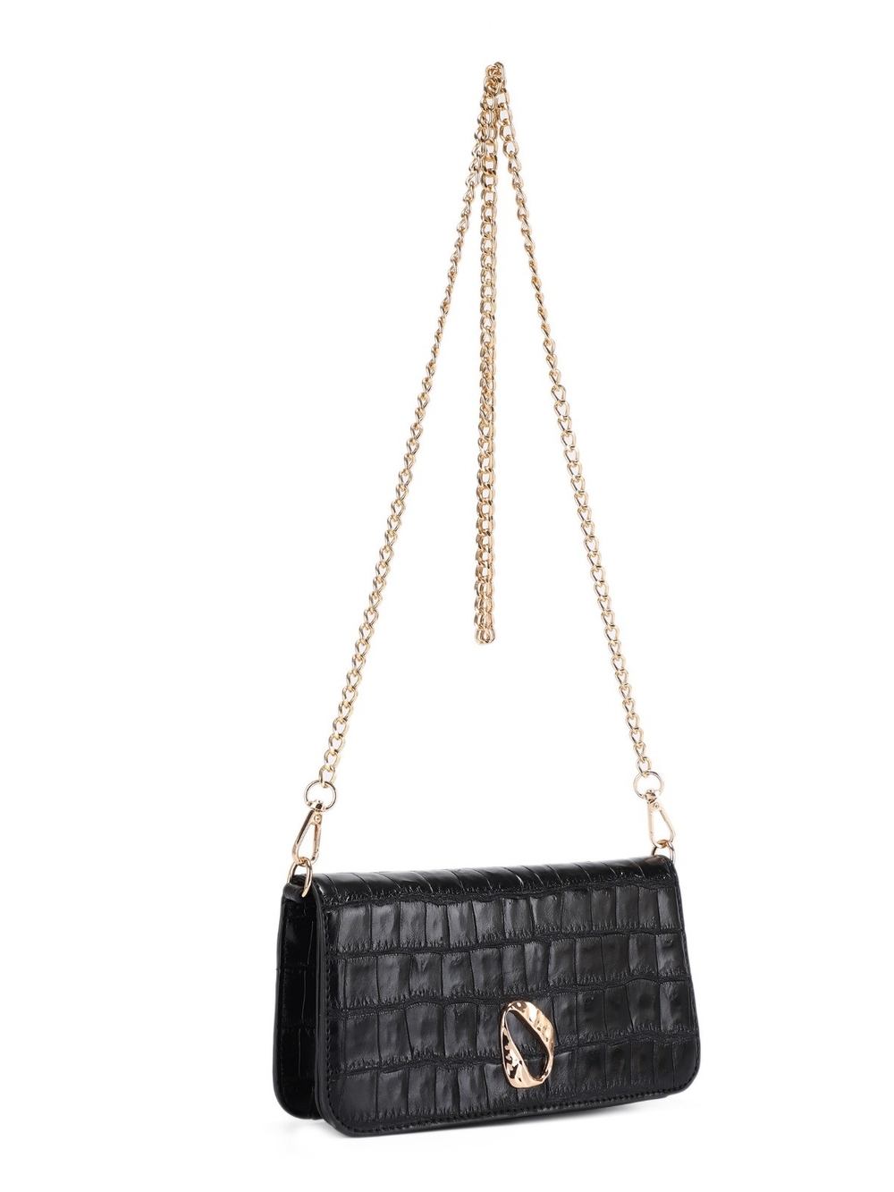 Black Croc-Embossed Crossbody Bag with Gold Chain Strap